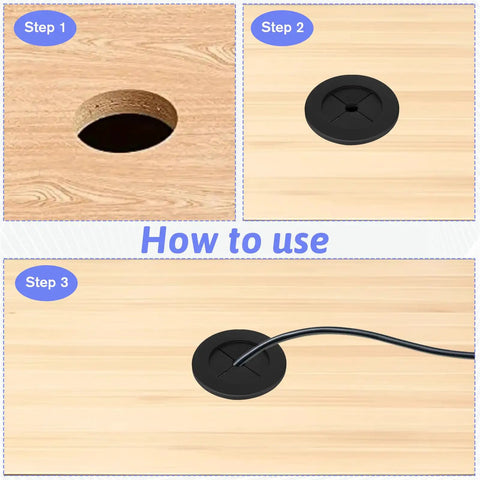 Installation steps for 4 Pack Black Desk Grommets For Cable Management 1 And A Quarter Inch 32mm Flexible Silicone Wire Hole Covers.