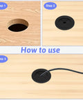 Steps on how to install the Two Pack 1 1/4 Inch Black Rubber Cable Grommets For Desks to organize cords.
