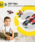 Child sitting with Mini Drone For Kids And Beginners Indoor RC Nano Quadcopter, performing 360° flips, in a room.