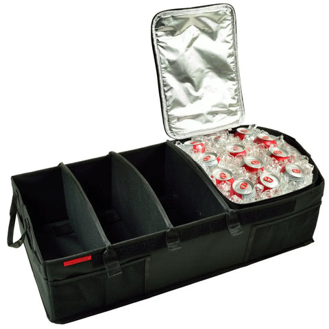 Heavy Duty Trunk Organizer With 28 Can Capacity Leak Proof Cooler, Rigid Base, Adjustable Dividers, 30 Inch