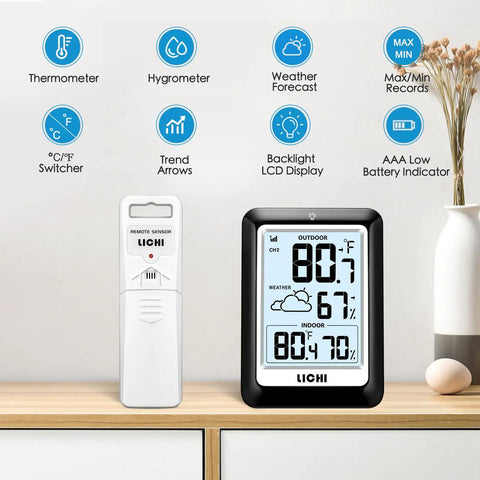 Indoor Outdoor Wireless Weather Station With Real Time Indoor And Outdoor Thermometer And Hygrometer, Battery Operated Monitor