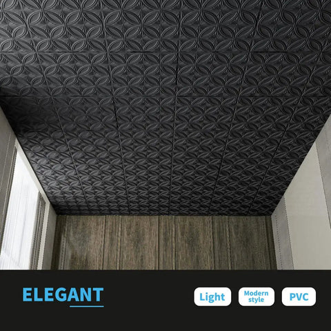 Black PVC Drop Ceiling Tile 2x2 Ft With Glue Up 3D Wall Panel Look, 24x24 In, 12 Pack, Lightweight And Flexible, Water And Corrosion Resistant, Easy Install In Standard T Bar Grid Or On Flat Substrates
