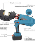 Pro Grade Slick Cordless Electric Hydraulic Crimping Pliers Rechargeable Battery Powered Wire Connector Press Machine With Two Four Ah Batteries And Charger showcasing replaceable crimp die and OLED display.
