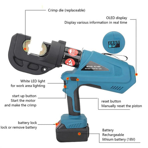 Pro Grade Slick Cordless Electric Hydraulic Crimping Pliers Rechargeable Battery Powered Wire Connector Press Machine With Two Four Ah Batteries And Charger showcasing replaceable crimp die and OLED display.