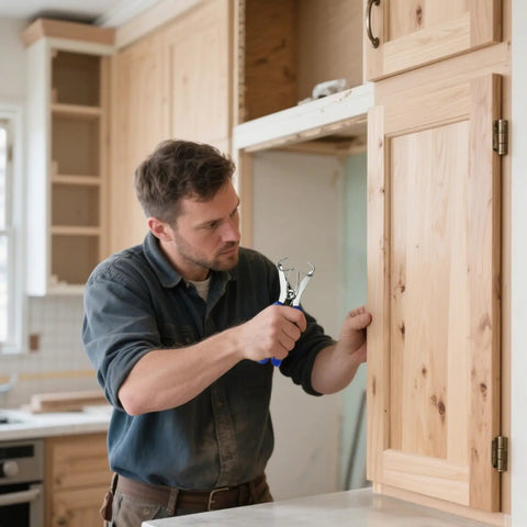 Sturdy Stainless Steel Woodworking Miter Clamps With Ergonomic Anti-Slip Handles For Heavy Duty DIY Frame Projects And Molding Assembly Jobs That Keep Things Tight And Secure Without Slipping Or Breaking Your Flow On Any Crafting Day. man securing wood cabinet door