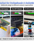 Image showing 100W Solder Fume Extractor in use, with three settings for soldering, DFT shaker, and 5W laser cutter applications.