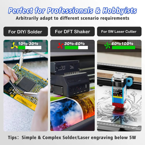Image showing 100W Solder Fume Extractor in use, with three settings for soldering, DFT shaker, and 5W laser cutter applications.
