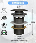 Heavy Duty Pop Up Drain For Freestanding Tub Featuring A Slick Matte Black Finish Crafted From Solid Brass With Smooth Gears That Run Like A Champ, showing dimensions and assembly.
