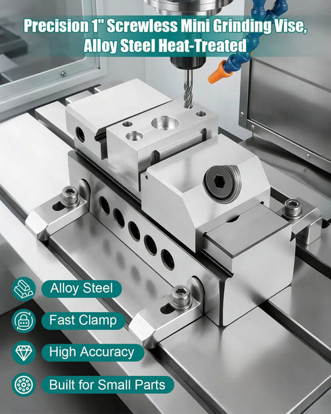 Screwless Mini Grinding Vise With Alloy Steel Insert, Precision Machined For Rock Solid Squareness And Durable Jaws, Fast One Hand Clamping, Compact workholding on CNC table