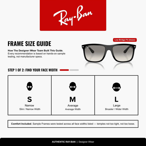 Ray-Ban frame size guide with sunglasses, illustrating narrow, average, and wide face width recommendations for sizing.