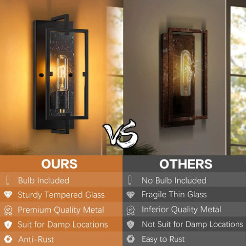 Set Of 2 Farmhouse Rustic Wall Sconces With Seeded Glass Lampshades In Matte Black Industrial E26 Hardwired Bar Bedroom Living Room Bulbs Included Damp Location Ready Vintage Vibe Lighting Fixtures on left, compared to other product on right.