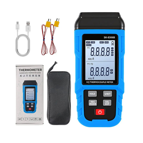 Heavy Duty Dual Channel Digital Thermocouple Thermometer With K And J Type Probes For Factory Floors showing blue thermometer, probes, USB and case.