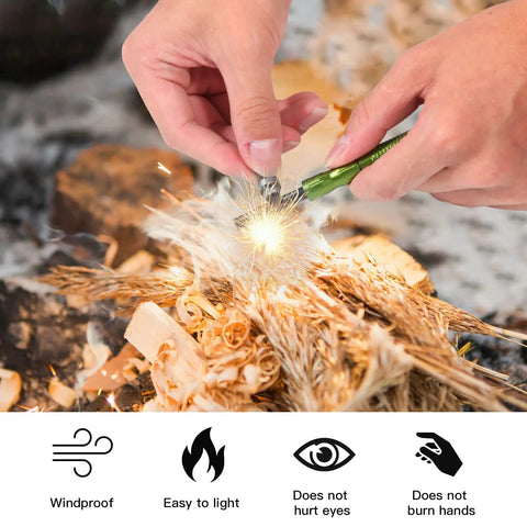 Hands using Three Pack Ferro Rod Fire Starters With Scraper Striker, Compact Weatherproof Survival Flint Sticks for fire lighting