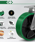 10X3 Inch Super Heavy Duty Casters Set Build Like A Tank With Tough As Nails Polyurethane Wheels detail of smooth green wheel and components.