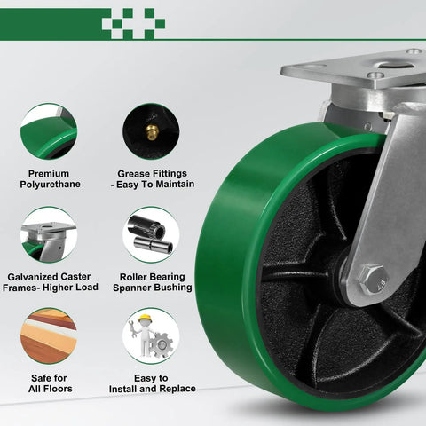 10X3 Inch Super Heavy Duty Casters Set Build Like A Tank With Tough As Nails Polyurethane Wheels detail of smooth green wheel and components.