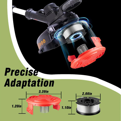 AF-100 Replacement String Kit For Black And Decker Weedeaters 0.065 Inch Auto Feed Spools Go To Replacement Includes Six Spools Total 180 Feet Plus RC-100-P Trimmer Cap And Spring Seven Piece Set with trimmer components displayed