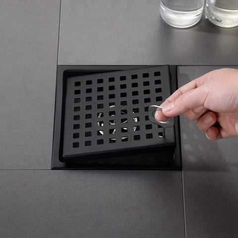 Hand lifting grille of 6 Inch Brushed Nickel Square Shower Drain With Adjustable Base Flange In SUS304 Stainless Steel High Flow