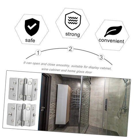 Two stainless steel double-sided glass door hinges, 2 pcs, for wine and display cabinets; installed on glass shower door