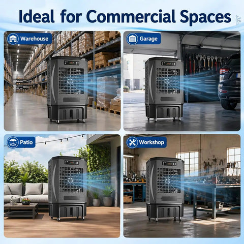 Heavy Duty Portable Evaporative Air Cooler With 9000 CFM Industrial Swamp Cooling And A 12 Gallon Tank in a garage setting.