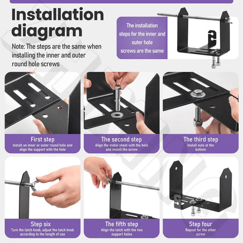 Installation diagram for Built Tough Stainless Steel Weedeater Trim Line Spool Holder Rack with hardware adjustment steps.