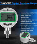 Sinocmp Digital Pressure Gauge Kit With 12000 Psi Hydraulic Test Set showing precision digital gauge with green backlit LCD.
