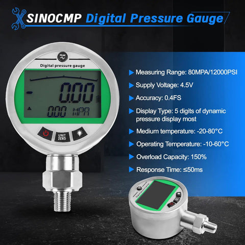Sinocmp Digital Pressure Gauge Kit With 12000 Psi Hydraulic Test Set showing precision digital gauge with green backlit LCD.