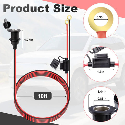 10Ft 12AWG 12 Volt Cigarette Lighter Socket Extension Cord With Built In Fuse And Spare Amps Waterproof Power Outlet Adapter for size comparison.