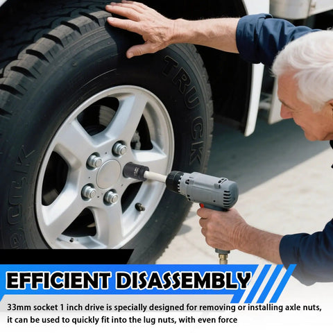 33mm One Inch Drive Deep Impact Socket With Six Point Open Ends That Lock Onto Axle And Lug Nuts Fast Heavy Duty Steel used for tire nut removal.
