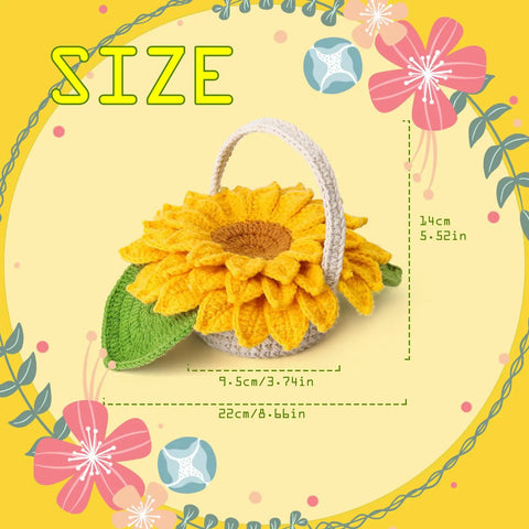 Sunflower-shaped crochet basket from Beginner Crochet Kit Starter Set With Coasters And Plant Pot Projects, shown with measurements