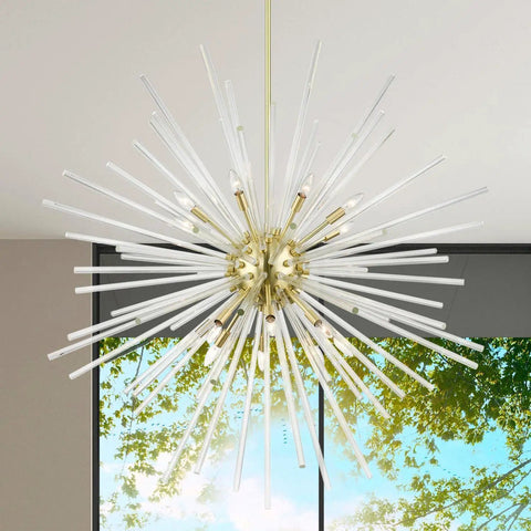 Straight Up 16 Light Satin Brass Foyer Pendant Chandelier With Real Clear Crystal Rods Built Different For Grand Entries And Modern Homes Damp Rated, featuring clear crystal rods and brass finish.