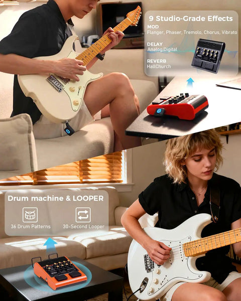 Two musicians using Palm Sized 10W Electric Guitar Amp And Multi Effects Pedal With Footswitch, JAM Buddy II, indoors.