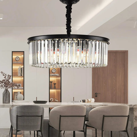 Modern Crystal Pendant Chandelier Two Tier Black Metal And Crystal Fixture For Dining Room And Living Room Adjustable Chain