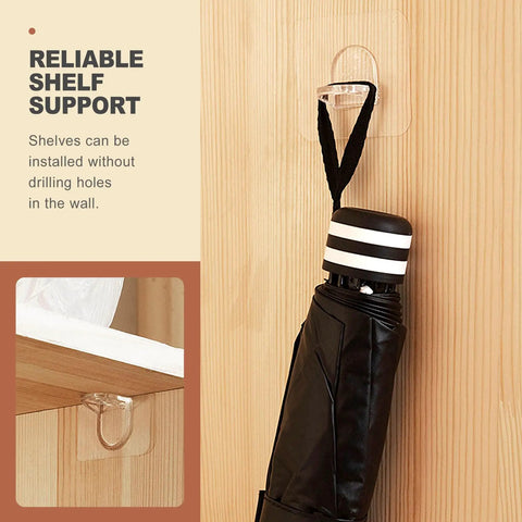 20 Pack Legit Heavy Duty Adhesive Shelf Brackets With Rock Solid Self Stick Backing For Kitchen Cabinets And Closets No Sweat Tool Free Install attached to wall, holding a black umbrella.