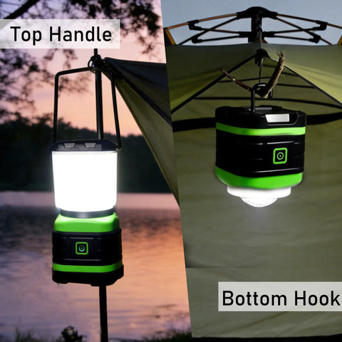 LED Camping Lantern Battery Powered Lights Portable Lanterns 2 Pack hanging by top handle and bottom hook at campsite.