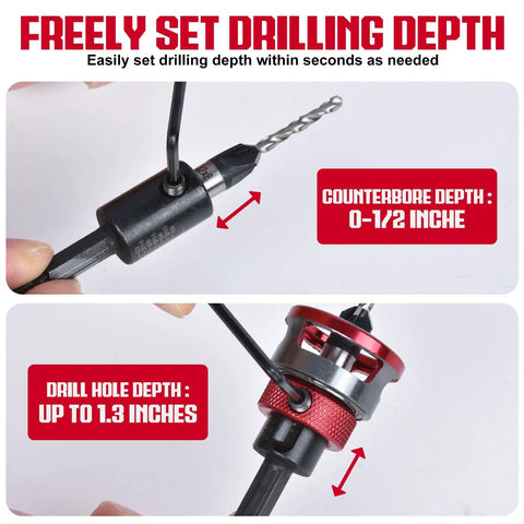 Heavy Duty 7 Piece Countersink Drill Bit Set With Adjustable Depth Stop Collar and Precision Bearings showing adjustable depth settings.