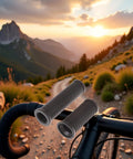 Dual Length Black Bike Handlebar Grips For Twisting Shifters on mountain bike with scenic sunrise view