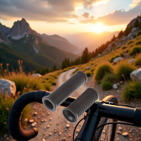 Dual Length Black Bike Handlebar Grips For Twisting Shifters on mountain bike with scenic sunrise view