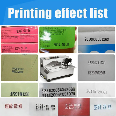 GTANND Automatic Ink Wheel Marking Machine Dry-Ink Code Printer displaying various printing effects on labels and packaging.