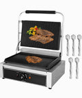 Heavy Duty Electric Sandwich Press Grill 2200W Nonstick Plate Commercial Toastie Maker For Meat Paninis And Steaks with grilled meat and veggies.