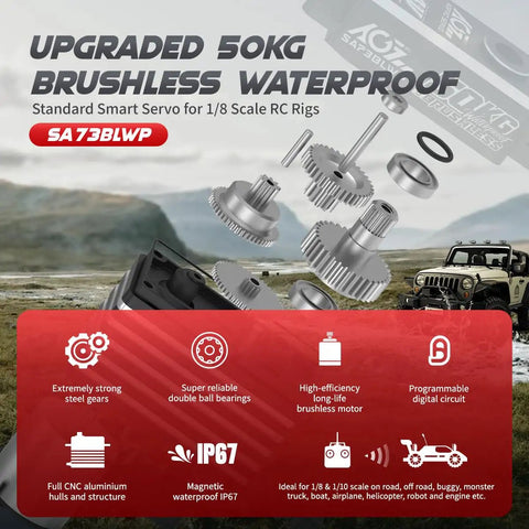 Badass Waterproof Brushless RC Servo Motor 50Kg Programmable Winch Boss Rig For RC Rock Crawlers And Recovery Trucks, shown with gears and specifications, 1/8 scale.
