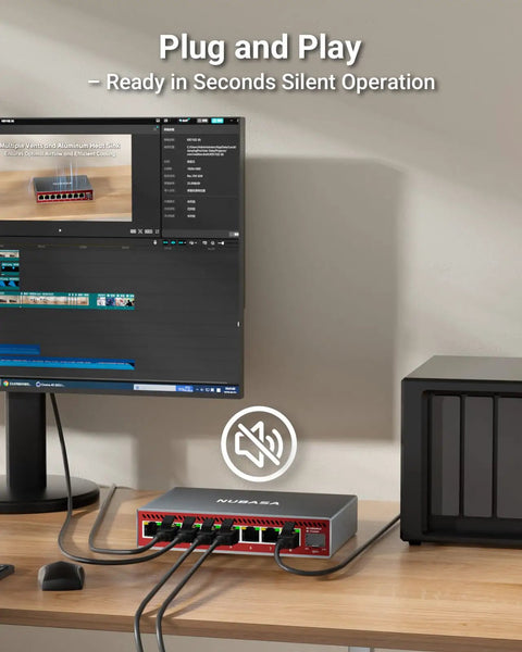 8 Port 2.5Gb Ethernet Switch With 10Gb SFP Uplink For NAS, Gaming And PC on desk, silent aluminum housing, unmanaged