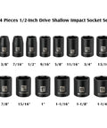Fourteen Piece Half Inch Drive Shallow Impact Socket Set With Three Eighths To One And One Quarter Inch Six Point Sockets Drop Forged CR-V Steel Black Oxide Finish Made For Auto Pros And Weekend Gearheads, black sockets displayed with sizes marked.