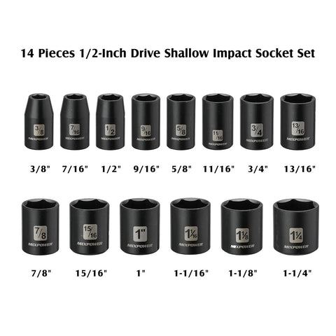 Fourteen Piece Half Inch Drive Shallow Impact Socket Set With Three Eighths To One And One Quarter Inch Six Point Sockets Drop Forged CR-V Steel Black Oxide Finish Made For Auto Pros And Weekend Gearheads, black sockets displayed with sizes marked.