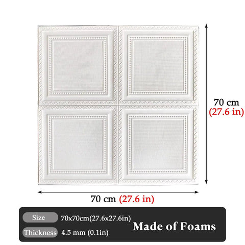 Top Shelf 3D Peel And Stick Ceiling Tiles 30 Pieces Soft PVC Foam Panels 70x70cm for acoustic wall decor, 4.5mm thick white panels.