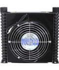 Front view of Heavy Duty Hydraulic Radiator Oil Cooler With Air Cooling Plate And Pin Heat Exchanger For Industrial Systems, 1.35kW Cooling Capacity, 34W High Flow Fan, 1.3 Square Meters Air Surface, 25 LPM Flow, 12V DC Operation, showing fan and casing