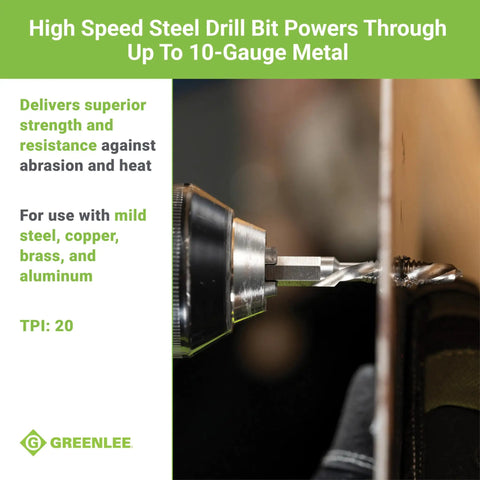 High Speed Steel Drill Bit powers through 10 gauge metal, showcasing quick change hex shank and efficient drilling features.