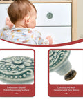 Slick Green Ceramic Cabinet Knobs, Retro Drawer Pulls For Kitchen Cabinets And Dressers, 34 millimeter diameter, child reaching for handle.