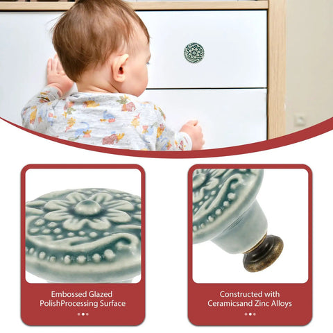 Slick Green Ceramic Cabinet Knobs, Retro Drawer Pulls For Kitchen Cabinets And Dressers, 34 millimeter diameter, child reaching for handle.