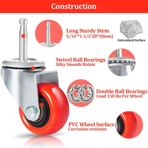 Beefed Up Heavy Duty 2 Inch Wheel Casters With Five Sixteenth By One And A Half Inch Long Stem 600 Lb Capacity 360 Degree Swivel Double Ball Bearing Wet Dry Vacuum Replacement Casters Red Set Of Four shown with construction details