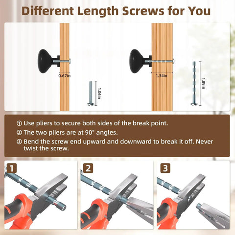 Different length screws displayed with matte black cabinet knobs, instructions for use, and pliers demonstration.